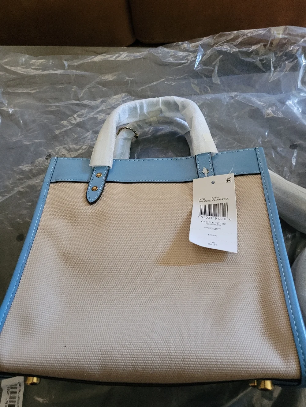 Brand New Coach Canvas Tote in Beige and Blue with Leather Trim. - Picture 3 of 7